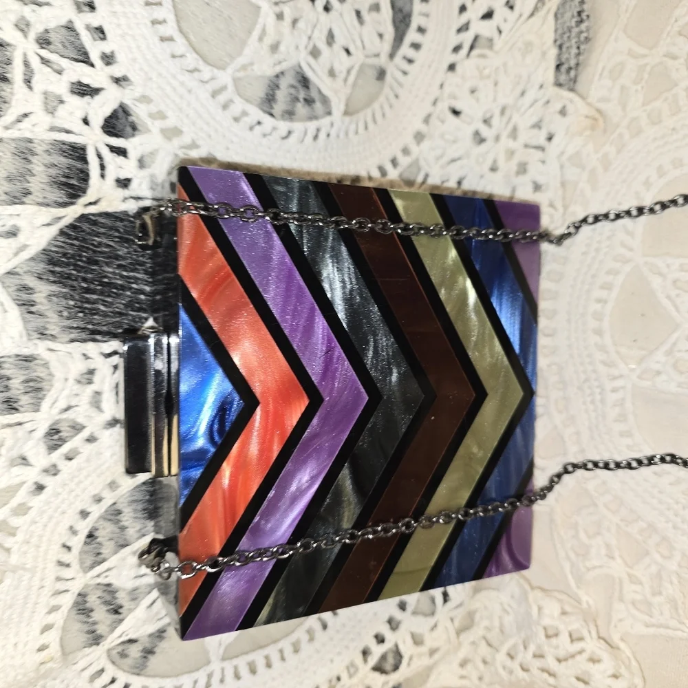 Sandra Roberts Square Handbag, Chain Strap, Multi-colores Clutch, Art Deco Purse